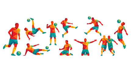 Dynamic soccer players illustration set in vibrant geometric polygonal style