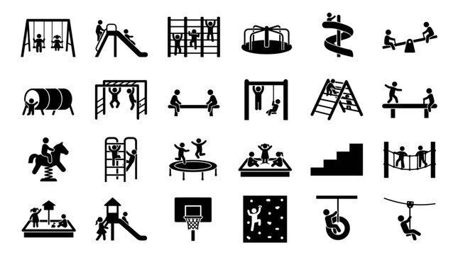 Children Play Outdoors: Icon Collection of Playground Activities and Games