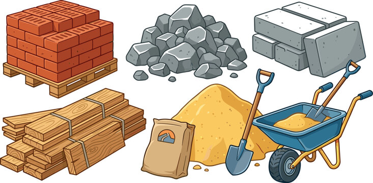 Industrial construction building materials vector icon set featuring red bricks on pallet, timber wood, concrete blocks, sand, cement, gravel, and wheelbarrow.