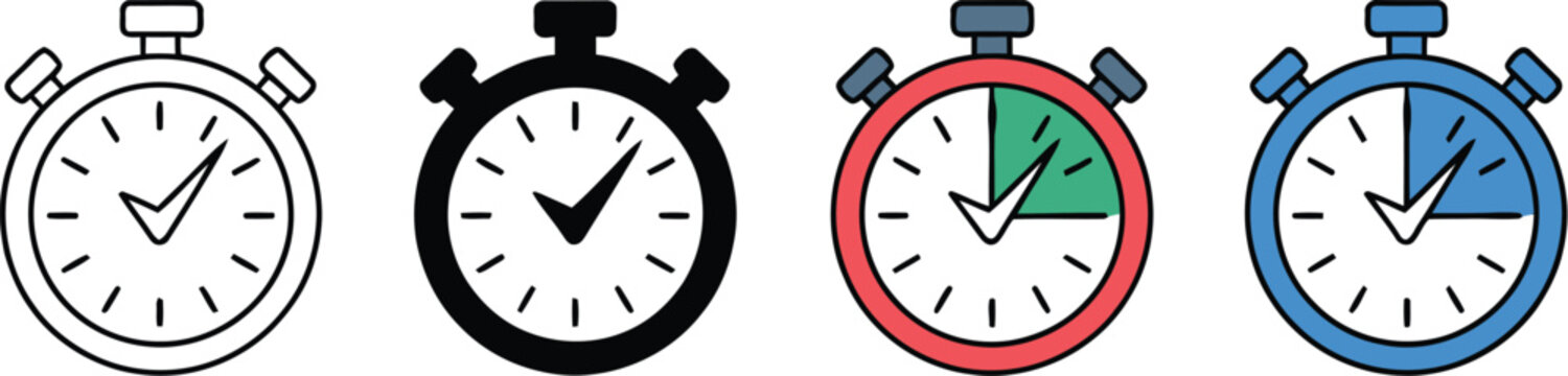 Stopwatch with broom and check mark icon set for fast cleaning service efficient housekeeping timed maintenance and quality control symbols