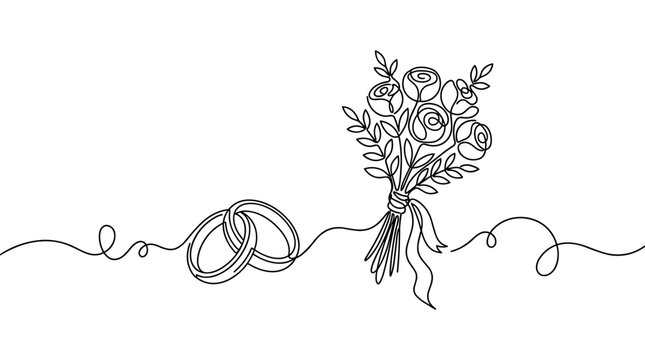 Minimalist continuous line art of wedding rings and a floral bouquet