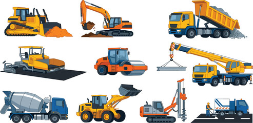 Industrial heavy construction machinery vector icon set featuring bulldozer, excavator, dump truck, asphalt paver, road roller, crane, cement mixer, and wheel loader. © Mahan
