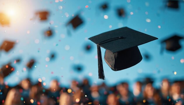 Group of graduates throwing their mortarboard caps into air to celebrate their successful completion of studies at college commencement event