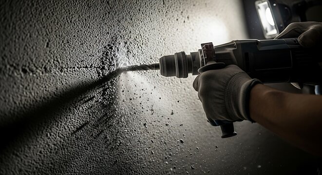 Worker Drilling a Hole in a Concrete Wall Using a Power Hammer Drill