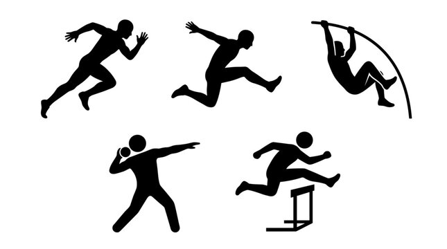 Set of black silhouettes of track and field athletes in action poses