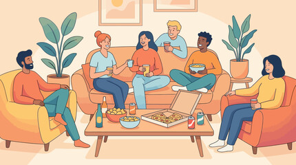 Fototapeta premium Happy Friends Hanging Out with Snacks and Drinks at Home Vector