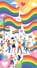 Fototapeta premium Colorful illustration of people celebrating with rainbow flags