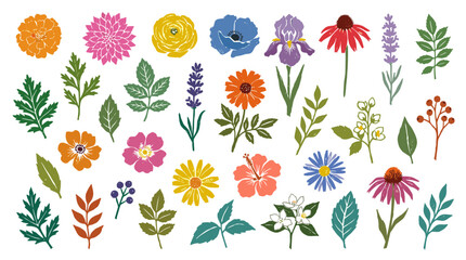 Naklejka premium Diverse collection of colorful hand-drawn flowers and leaves in a variety of shapes and sizes on a white background