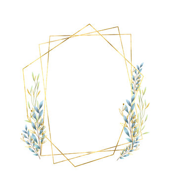 Metallic Gold Geometric Frame with Blue Teal Botanical Accents on Transparent Background. metallic gold geometric frame featuring elegant blue-teal botanical accents, isolated