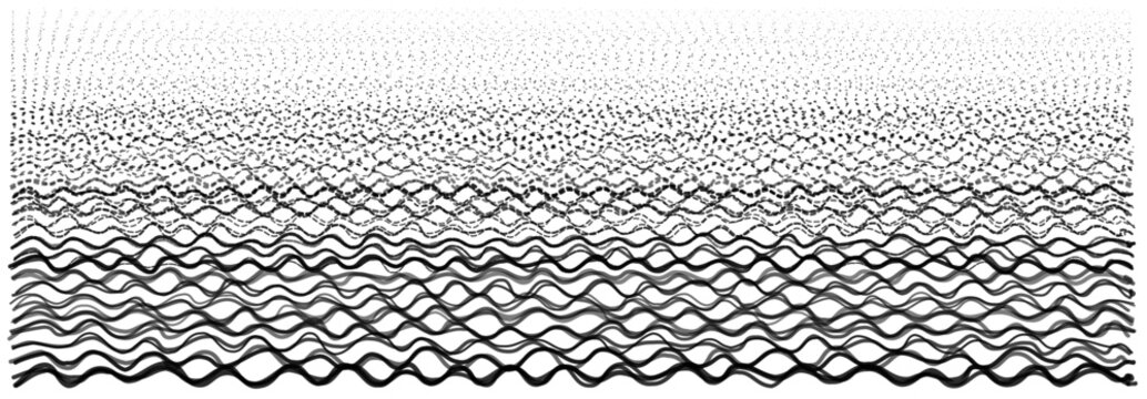 Abstract quantum interference pattern visualization, wavy black lines and particle data on white