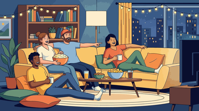Modern Flat Vector of Friends Hanging Out Snack Party at Night