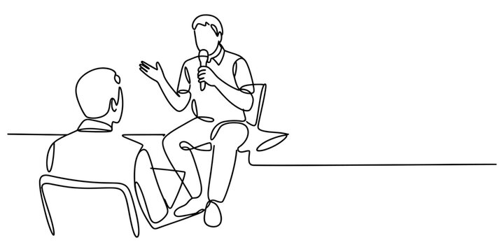 Continuous single line drawing of a person talking into a microphone during an interview with another person sitting in a chair Vector, illustration