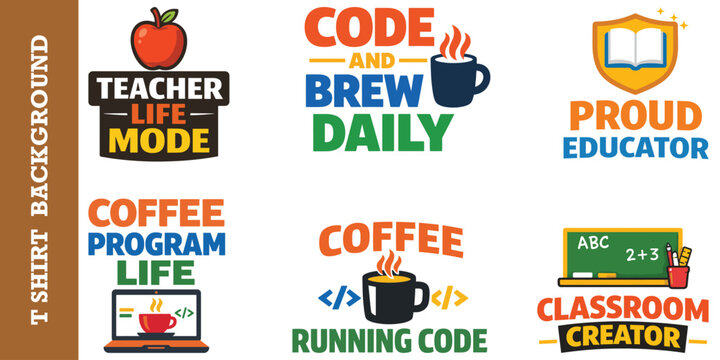Teacher and coder t-shirt design collection set with coffee mugs and education related art.