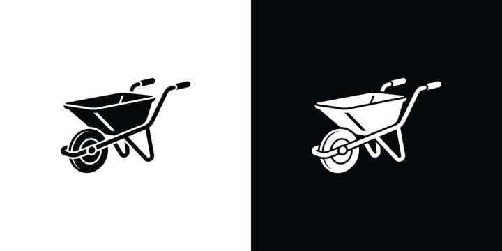 Black and white wheelbarrow silhouettes on contrasting backgrounds construction tool