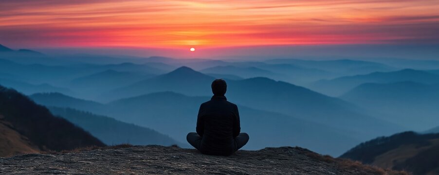 Peaceful silhouette of person sitting in meditative lotus pose on high mountain ridge overlooking misty valley during vibrant orange sunrise