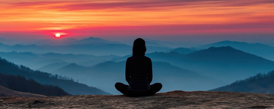 Silhouette of woman sitting in lotus position, meditating on cliff edge overlooking scenic mountain range covered in morning mist at sunrise.