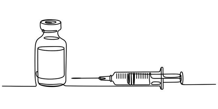 Continuous single line drawing of a medical vaccine vial and a syringe for injection health care and hospital immunization concept Vector, illustration