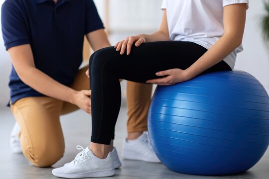 Professional physical therapist assisting female patient with knee rehabilitation exercises using large blue stability ball in clinic setting.