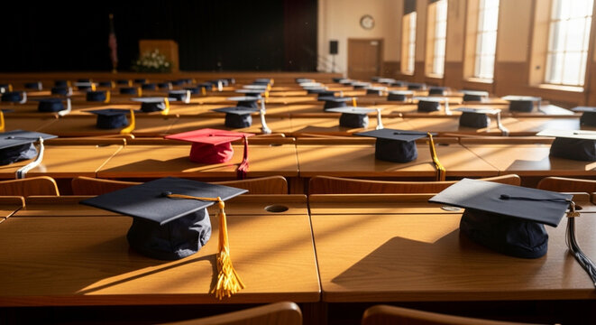 Graduation caps on wooden desks in classroom