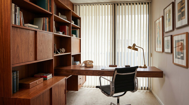 A sophisticated 1960s-inspired executive study. Rich teak wood shelving, a classic Eames Aluminum Group chair, and a floating walnut desk. A vintage rotary phone and a brass desk lamp. 