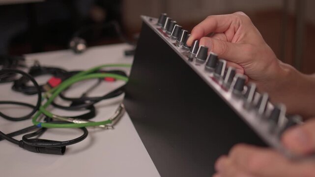 Technician finetunes audio equipment. Sound technician carefully calibrates audio device using tactile analog interface under warm ambient lighting in modern studio setting