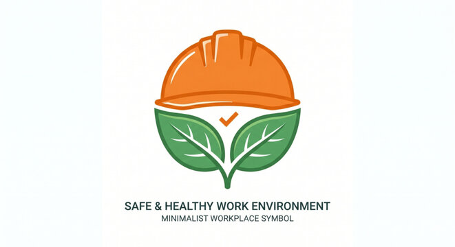 Minimalist Symbol of a Safe and Healthy Work Environment Featuring an Orange Hard Hat and Green Leaves with a Check Mark, Representing Workplace Safety and Well-being