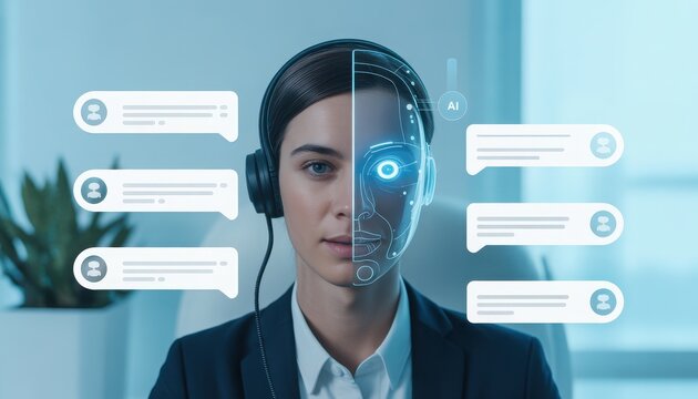 A woman wearing a headset with a futuristic AI interface on her face in a modern office setting