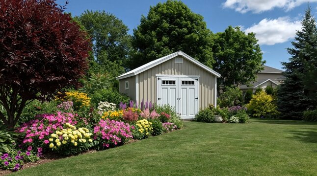 Charming garden shed nestled in vibrant backyard garden filled with blooming colorful flowers and mature trees on sunny day.