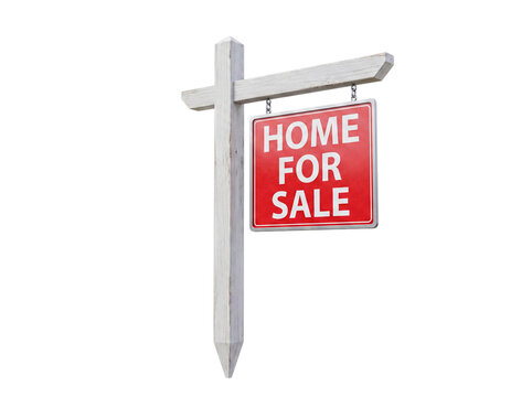 Angled view of a classic red home for sale sign on a white wooden post, representing property for sale.