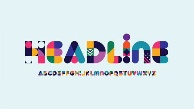 Geometric alphabet font with colorful shapes and patterns, featuring the word headline and full a to z letter set, isolated on a light blue background, for projects and, branding needs