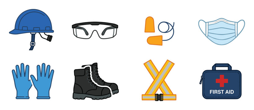 Collection of Industrial Safety Equipment Icons: Hard Hat, Goggles, Earplugs, Mask, Gloves, Boots, Vest, First Aid Kit
