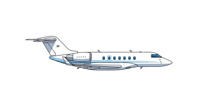 Modern Business Jet Airplane Flying Isolated White Background Vector Illustration
