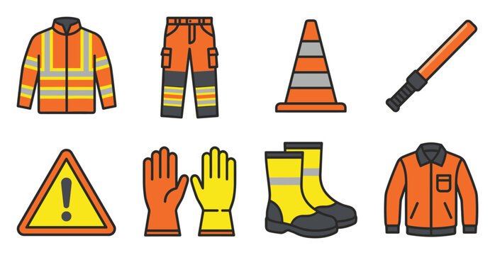 Construction Safety Gear: High-Visibility Jacket, Pants, Cones, Gloves, Boots, and Warning Sign