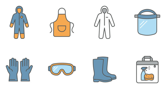 Collection of Personal Protective Equipment Icons: Coveralls, Apron, Face Shield, Gloves, Goggles, Boots