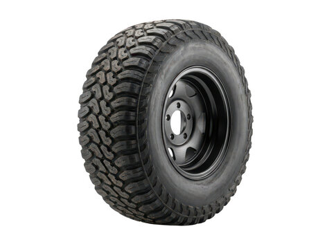Rugged black mud-terrain tire with deep tread on a steel rim isolated transparent background image