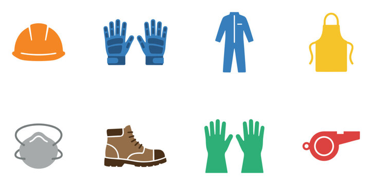 Collection of construction and industrial safety equipment icons: helmet, gloves, jumpsuit, apron, mask, boot, and whistle