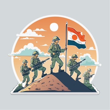 Soldiers marching with Niger flag at sunset