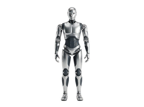 Silver metallic humanoid robot standing facing forward with detailed joints isolated transparent background image