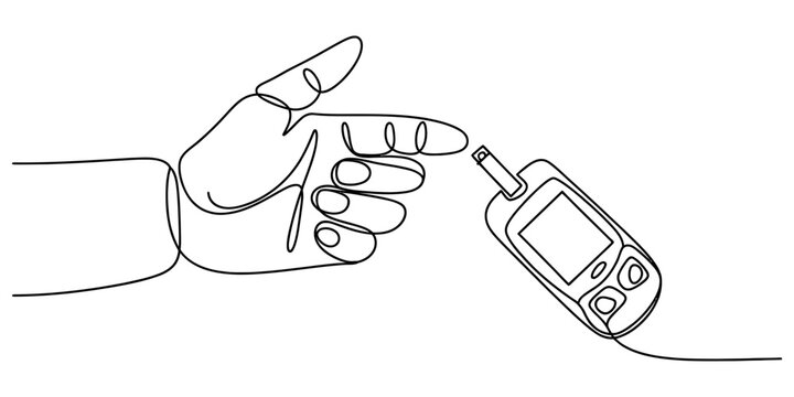Continuous line drawing of a human finger touching a blood glucose meter for diabetes testing and monitoring medical health check Vector, illustration