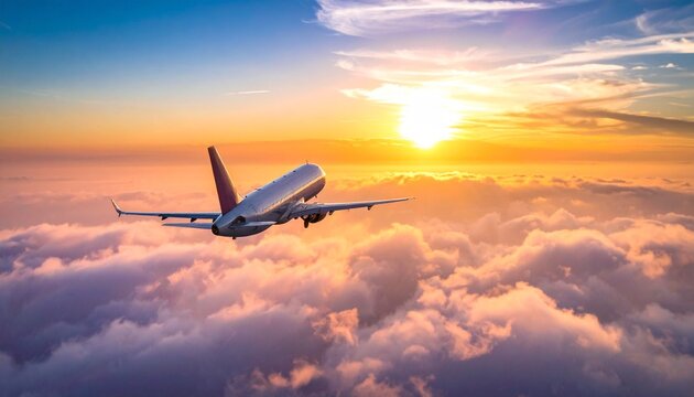 Airplane flying above sunset cloudy sky.