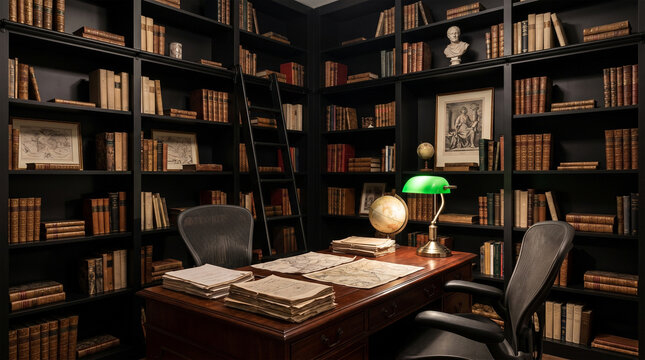 &nbsp;A modern Dark Academia study. Floor-to-ceiling matte black bookshelves with an integrated rolling ladder. A heavy mahogany desk paired with a contemporary ergonomic mesh chair.