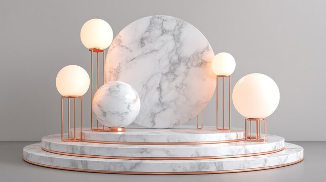 Abstract composition of marble and glowing orbs on layered pedestal