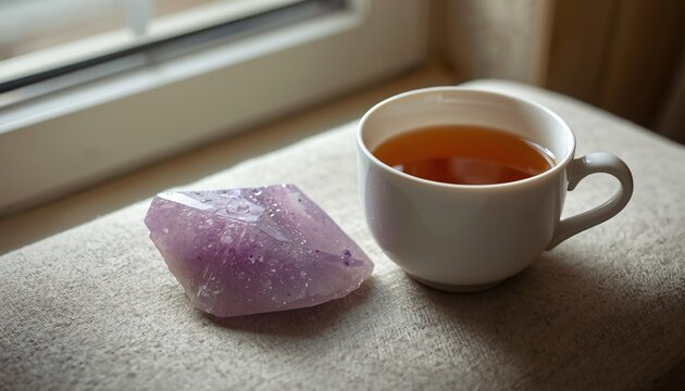 Raw Purple Lepidolite Piece Beside a Steaming Tea Cup