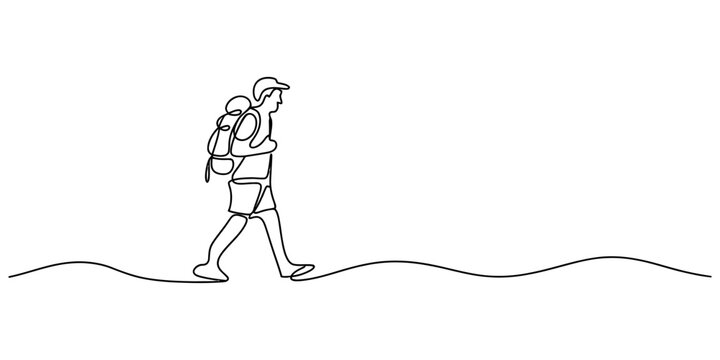 Continuous single line drawing of a man with a backpack walking on a path for an adventure hiking trip concept in a minimalist style Vector, illustration