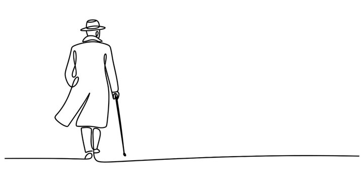 Continuous single line drawing of an old man walking with a cane wearing a hat and a long coat viewed from behind Vector, illustration