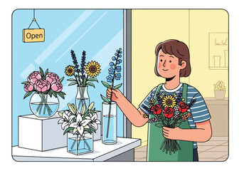 A cartoon woman arranging flowers in a shop © Jeremy