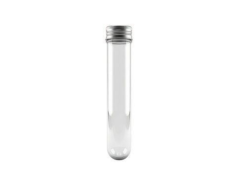 Sleek empty transparent glass test tube with a ribbed silver metallic screw cap isolated transparent background image