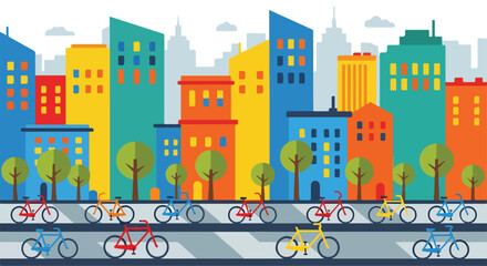 Naklejka premium Colorful cityscape with bicycles and buildings