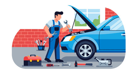 Mechanic Checking Blue Car Engine. © semperat