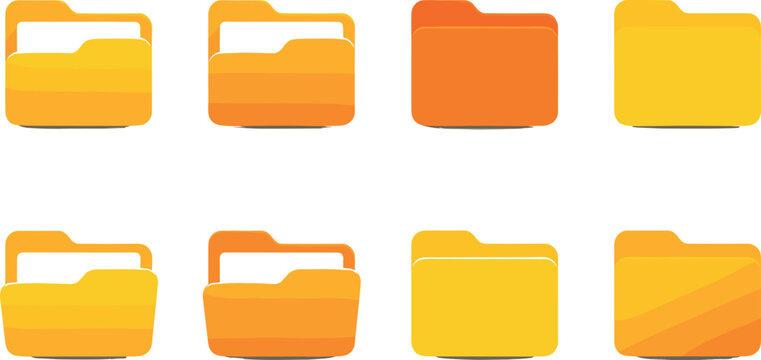 Set of Eight Vibrant Yellow Orange File Folder Icons Various Designs on White Background Vector Illustration